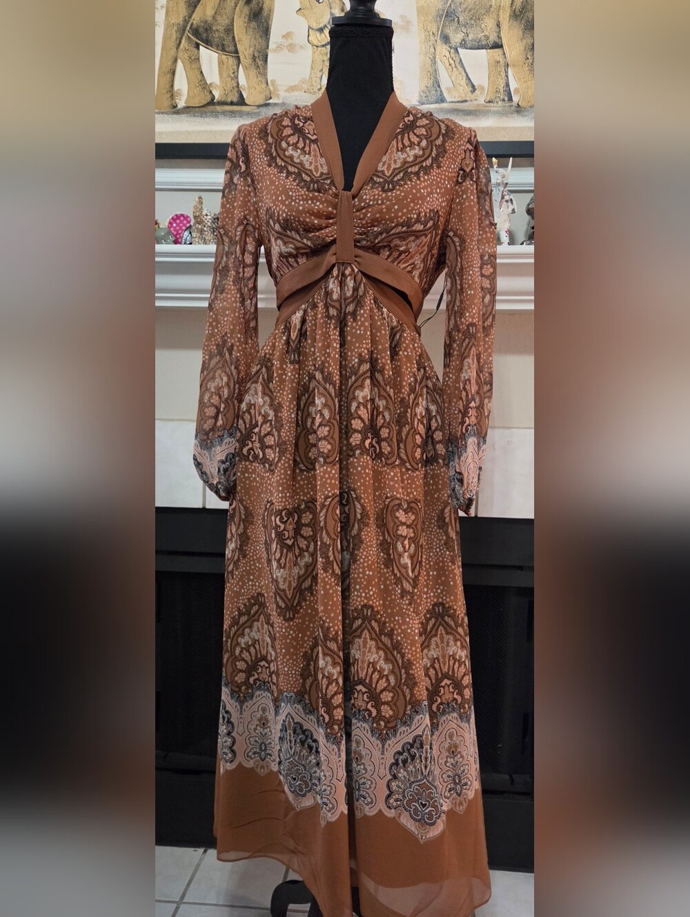 White House Black Market Brown Printed Long Sleeve Maxi Dress